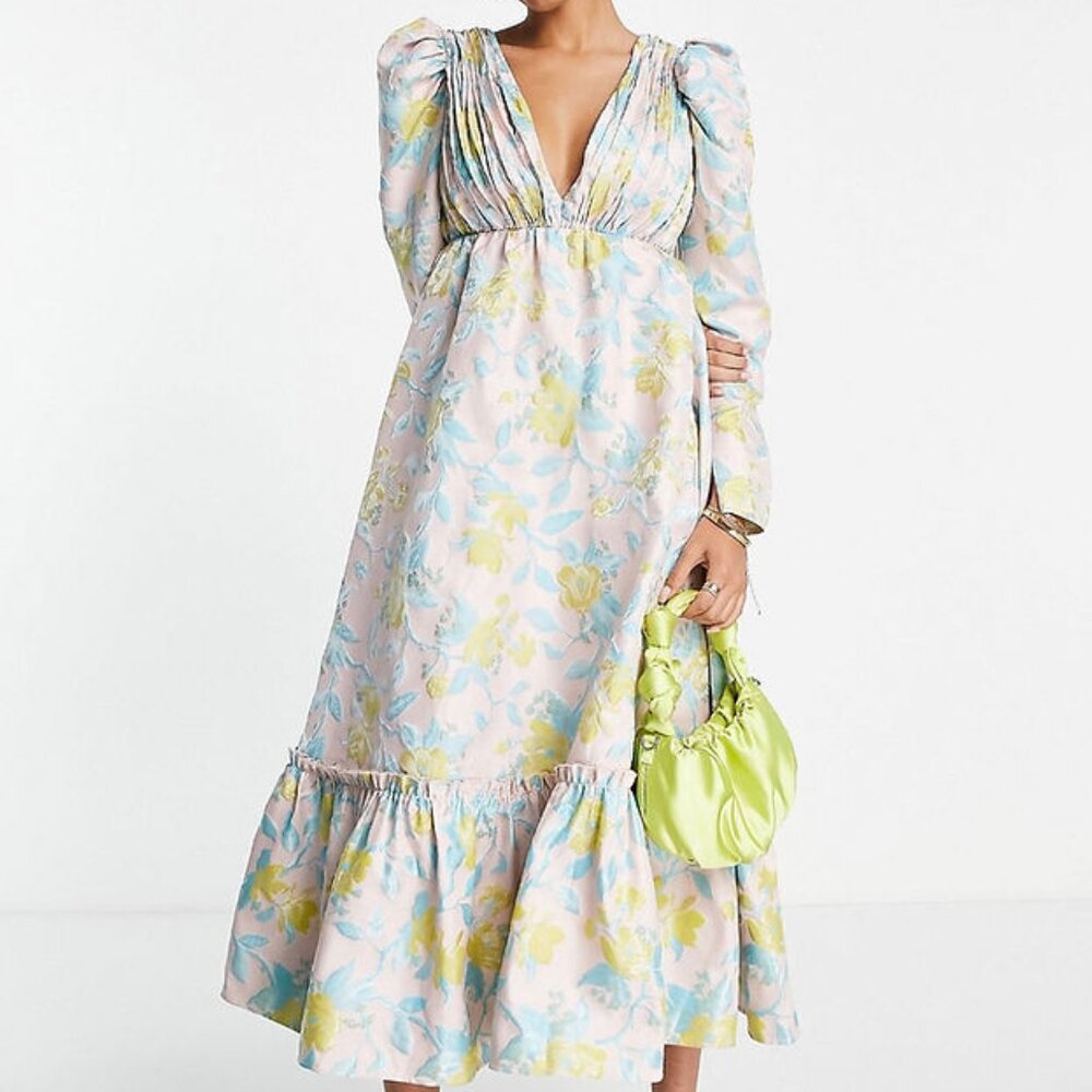 Asos NEW Floral Jacquard Puff sleeve Plunge neck Pleated High waist Midi Dress 8 - Picture 4 of 14